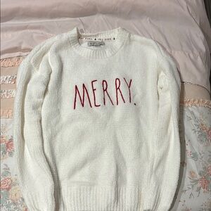 Rae Dunn Red and White Crew Neck Sweater Festive Design